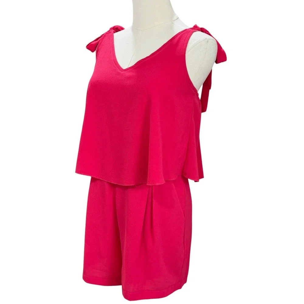 Hot Pink Romper Tie Shoulder Flowy Summer Vacation Resort Barbiecore Chic - Picture 5 of 7